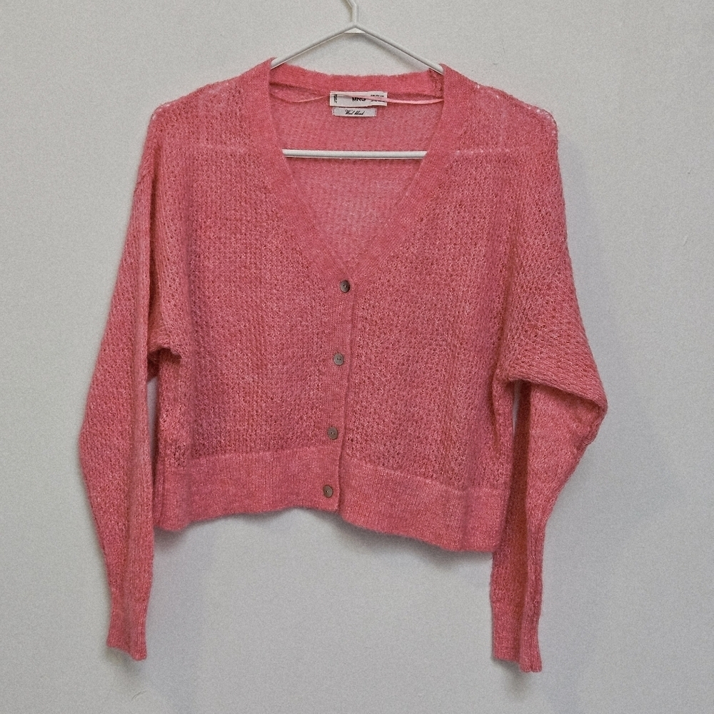 Mango Sz XS Boxy Wool Laine Blend Oversized Pink Open Cropped Cardigan  Sweater - Picture 2 of 12